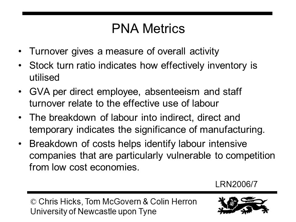 LRN2006/7 © Chris Hicks, Tom McGovern & Colin Herron University of Newcastle upon Tyne PNA Metrics Turnover gives a measure of overall activity Stock turn ratio indicates how effectively inventory is utilised GVA per direct employee, absenteeism and staff turnover relate to the effective use of labour The breakdown of labour into indirect, direct and temporary indicates the significance of manufacturing.