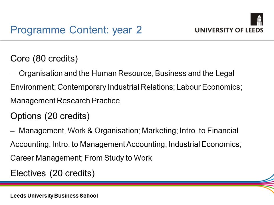 Leeds University Business School Core (80 credits) –Organisation and the Human Resource; Business and the Legal Environment; Contemporary Industrial Relations; Labour Economics; Management Research Practice Options (20 credits) –Management, Work & Organisation; Marketing; Intro.