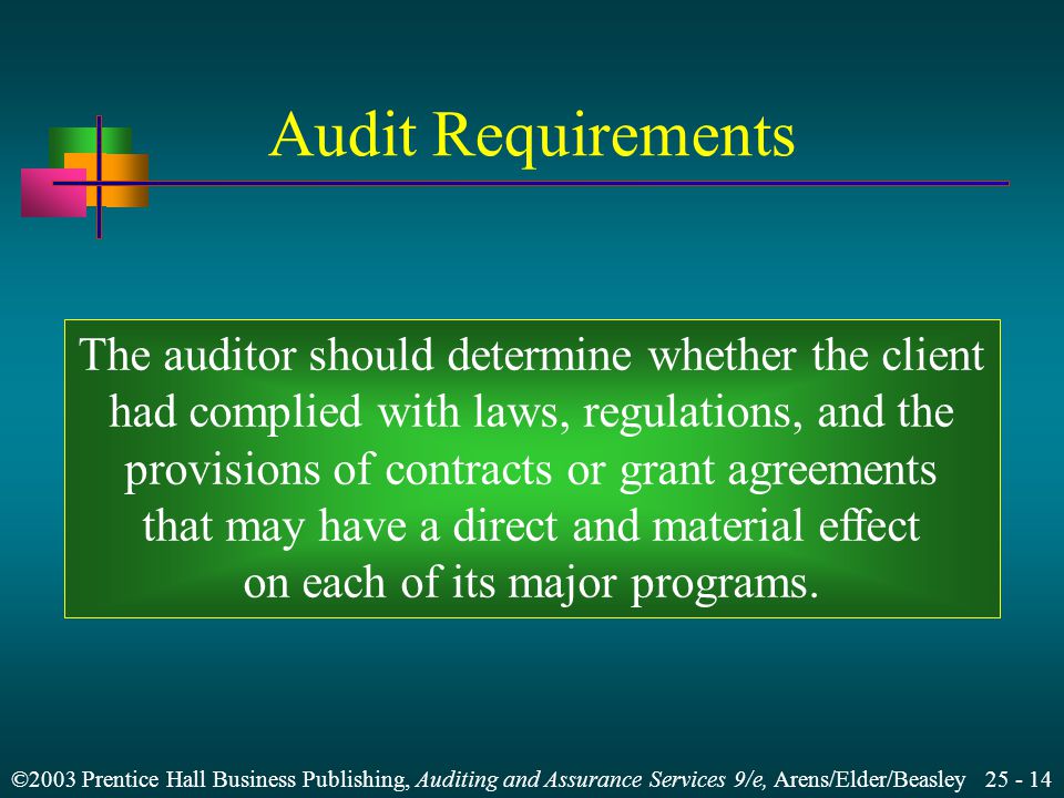 ©2003 Prentice Hall Business Publishing, Auditing and Assurance Services 9/e, Arens/Elder/Beasley Audit Requirements The auditor should determine whether the client had complied with laws, regulations, and the provisions of contracts or grant agreements that may have a direct and material effect on each of its major programs.