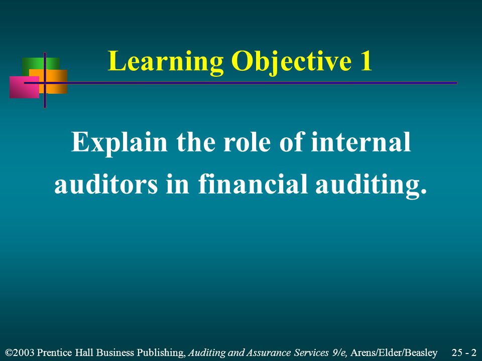 ©2003 Prentice Hall Business Publishing, Auditing and Assurance Services 9/e, Arens/Elder/Beasley Learning Objective 1 Explain the role of internal auditors in financial auditing.