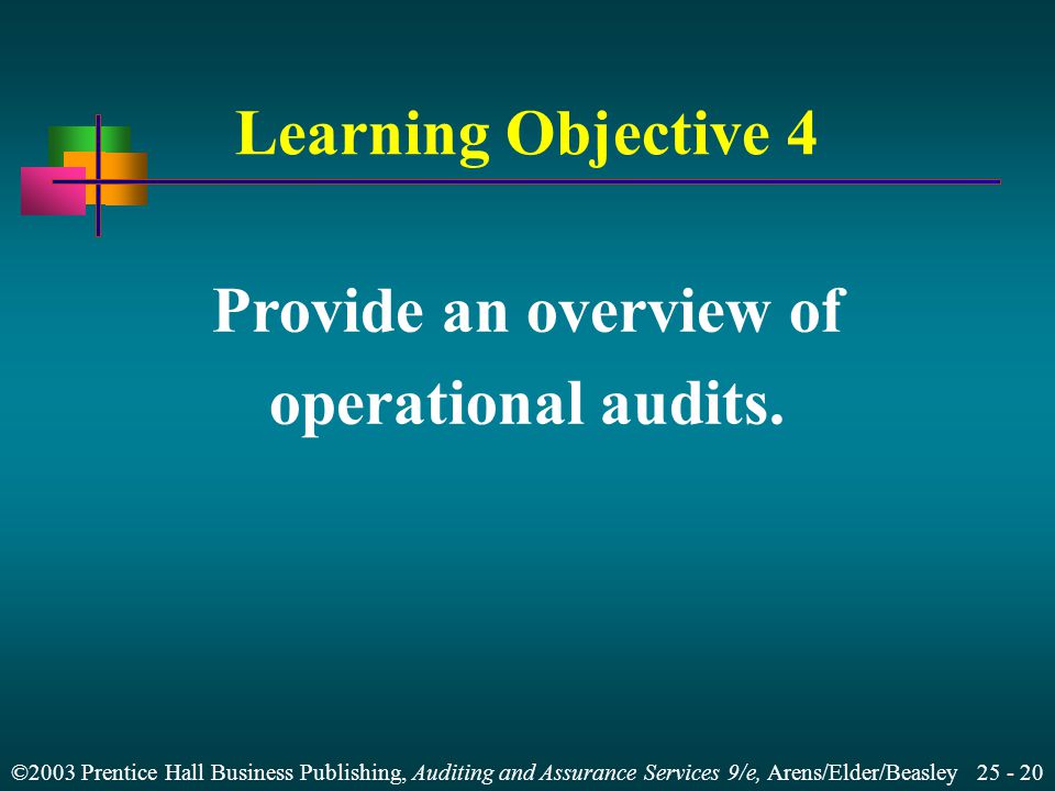 ©2003 Prentice Hall Business Publishing, Auditing and Assurance Services 9/e, Arens/Elder/Beasley Learning Objective 4 Provide an overview of operational audits.