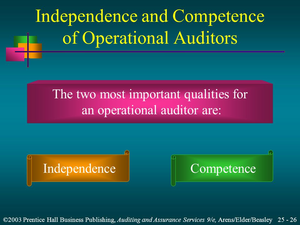 ©2003 Prentice Hall Business Publishing, Auditing and Assurance Services 9/e, Arens/Elder/Beasley The two most important qualities for an operational auditor are: Independence and Competence of Operational Auditors IndependenceCompetence