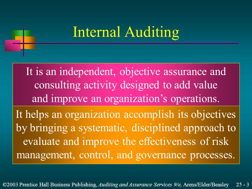 ©2003 Prentice Hall Business Publishing, Auditing and Assurance Services 9/e, Arens/Elder/Beasley Internal Auditing It is an independent, objective assurance and consulting activity designed to add value and improve an organization’s operations.