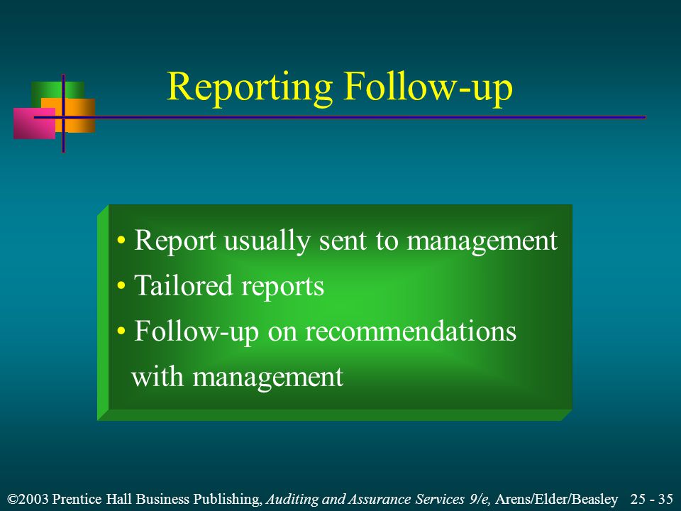 ©2003 Prentice Hall Business Publishing, Auditing and Assurance Services 9/e, Arens/Elder/Beasley Reporting Follow-up Report usually sent to management Tailored reports Follow-up on recommendations with management