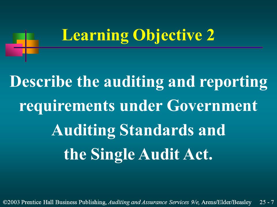 ©2003 Prentice Hall Business Publishing, Auditing and Assurance Services 9/e, Arens/Elder/Beasley Learning Objective 2 Describe the auditing and reporting requirements under Government Auditing Standards and the Single Audit Act.
