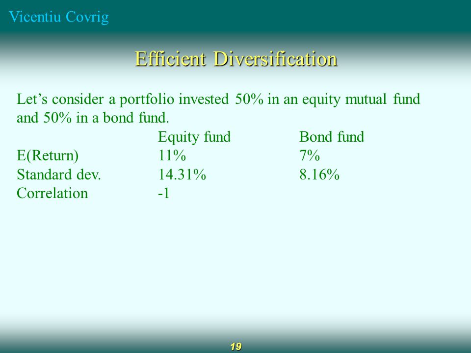 Vicentiu Covrig 19 Efficient Diversification Let’s consider a portfolio invested 50% in an equity mutual fund and 50% in a bond fund.