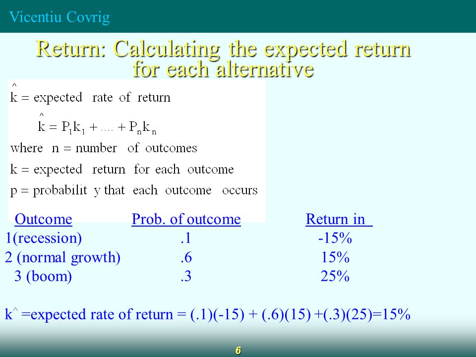 Vicentiu Covrig 6 Return: Calculating the expected return for each alternative OutcomeProb.