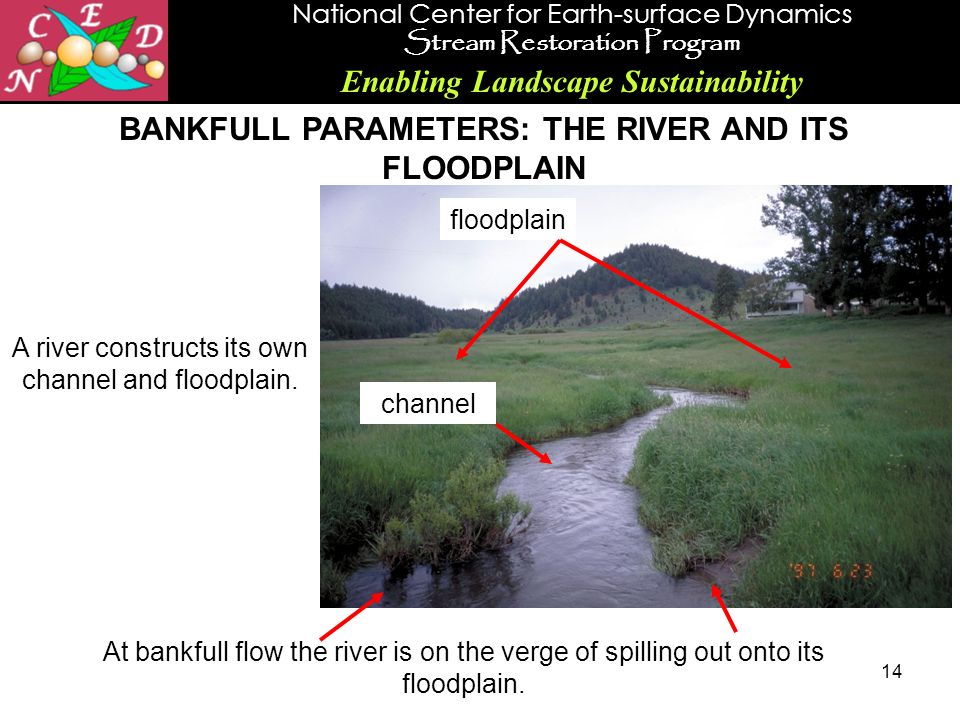 National Center for Earth-surface Dynamics Stream Restoration Program Enabling Landscape Sustainability 14 BANKFULL PARAMETERS: THE RIVER AND ITS FLOODPLAIN A river constructs its own channel and floodplain.