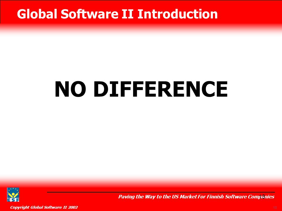 Global Software II Introduction Paving the Way to the US Market For Finnish Software Companies Copyright Global Software II NO DIFFERENCE