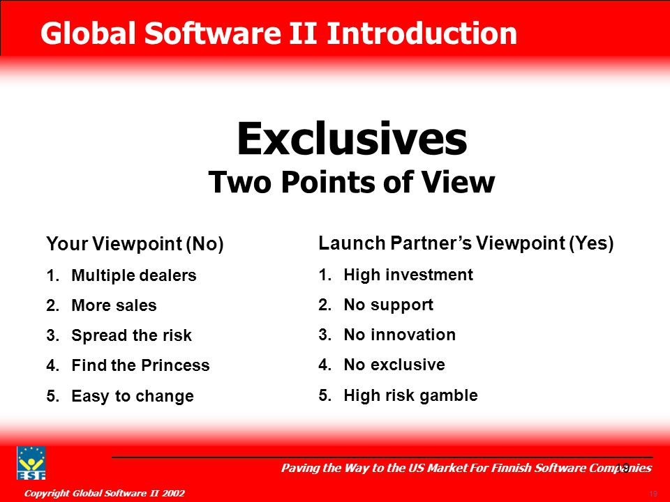 Global Software II Introduction Paving the Way to the US Market For Finnish Software Companies Copyright Global Software II Exclusives Two Points of View Your Viewpoint (No) 1.Multiple dealers 2.More sales 3.Spread the risk 4.Find the Princess 5.Easy to change Launch Partner’s Viewpoint (Yes) 1.High investment 2.No support 3.No innovation 4.No exclusive 5.High risk gamble
