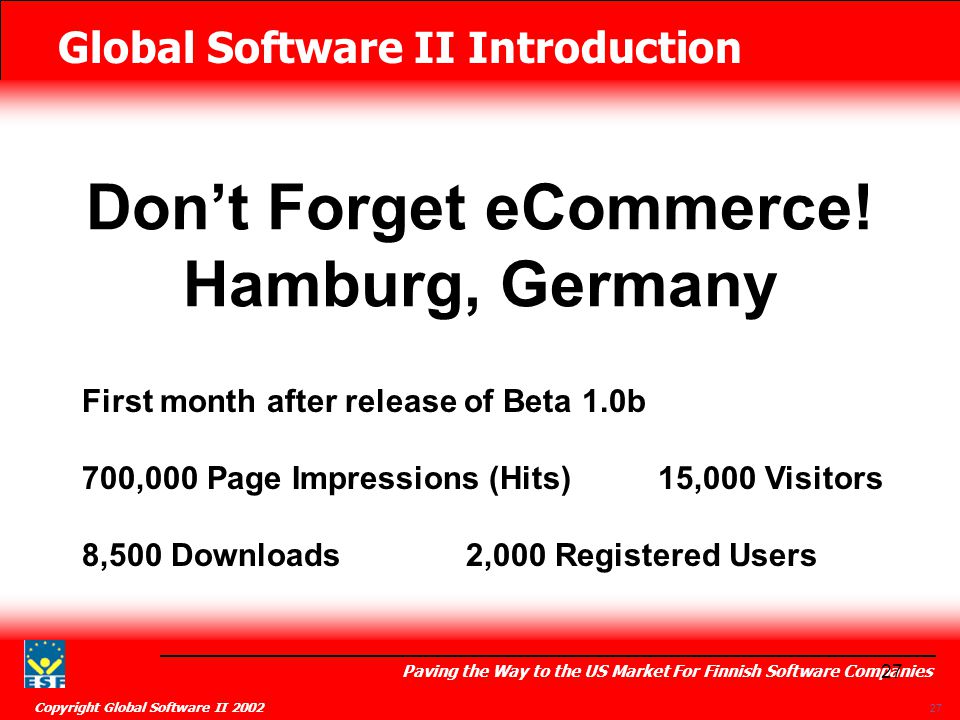 Global Software II Introduction Paving the Way to the US Market For Finnish Software Companies Copyright Global Software II Don’t Forget eCommerce.