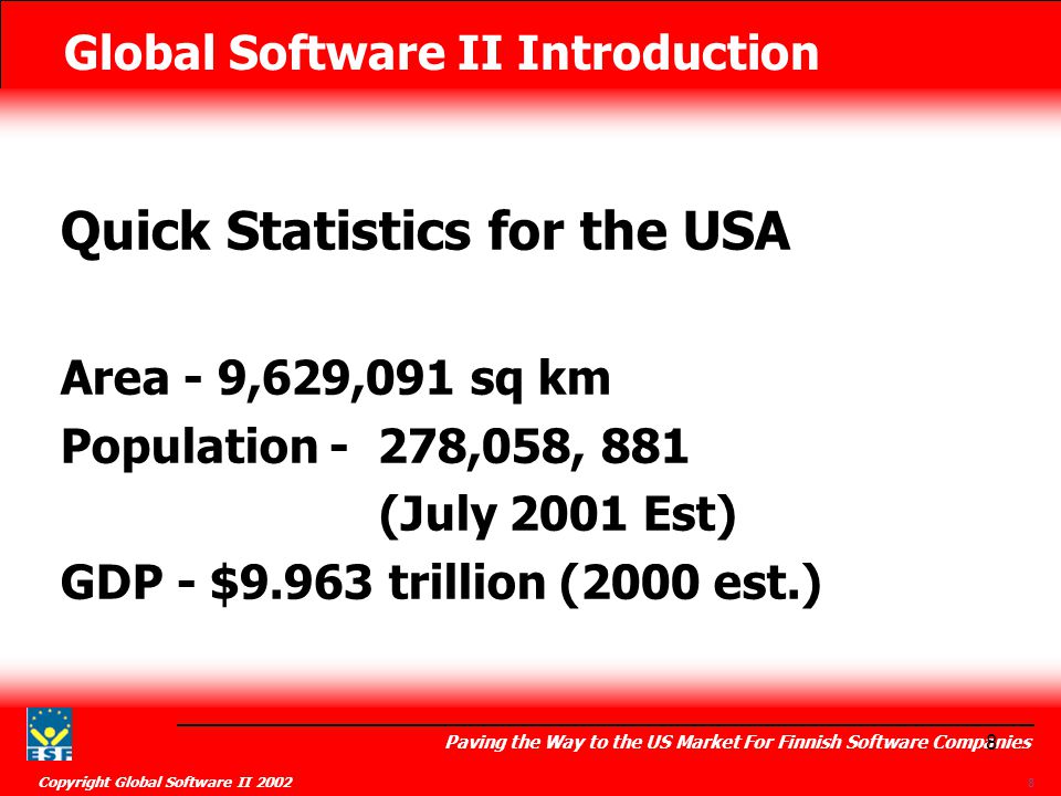 Global Software II Introduction Paving the Way to the US Market For Finnish Software Companies Copyright Global Software II Quick Statistics for the USA Area - 9,629,091 sq km Population - 278,058, 881 (July 2001 Est) GDP - $9.963 trillion (2000 est.)