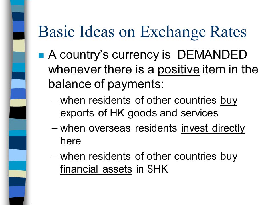 Basic Ideas on Exchange Rates n A country’s currency is DEMANDED whenever there is a positive item in the balance of payments: –when residents of other countries buy exports of HK goods and services –when overseas residents invest directly here –when residents of other countries buy financial assets in $HK