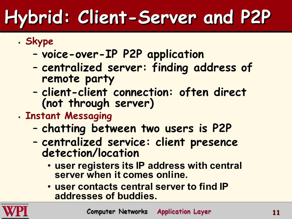 Hybrid: Client-Server and P2P  Skype –voice-over-IP P2P application –centralized server: finding address of remote party –client-client connection: often direct (not through server)  Instant Messaging –chatting between two users is P2P –centralized service: client presence detection/location user registers its IP address with central server when it comes online.