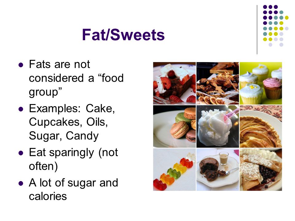Fat/Sweets Fats are not considered a food group Examples: Cake, Cupcakes, Oils, Sugar, Candy Eat sparingly (not often) A lot of sugar and calories