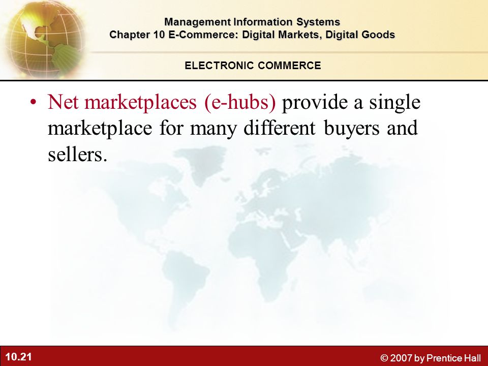 10.21 © 2007 by Prentice Hall Net marketplaces (e-hubs) provide a single marketplace for many different buyers and sellers.
