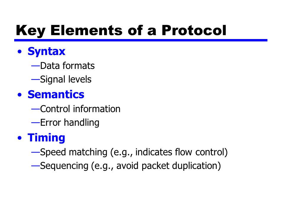 Key Elements of a Protocol Syntax —Data formats —Signal levels Semantics —Control information —Error handling Timing —Speed matching (e.g., indicates flow control) —Sequencing (e.g., avoid packet duplication)