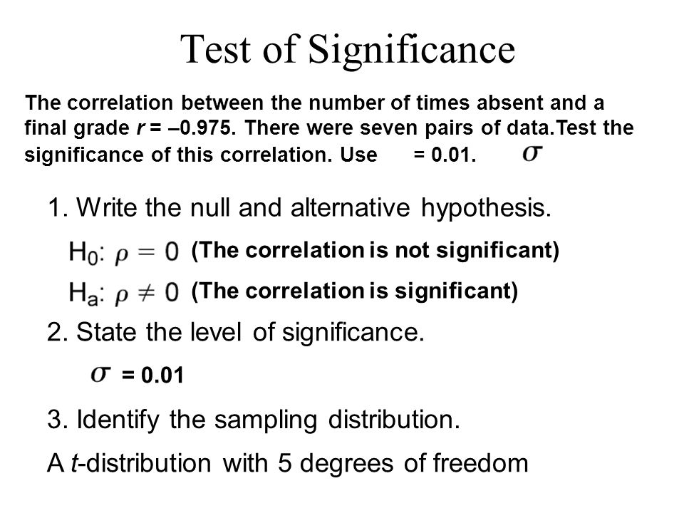 A t-distribution with 5 degrees of freedom Test of Significance The correlation between the number of times absent and a final grade r = –0.975.