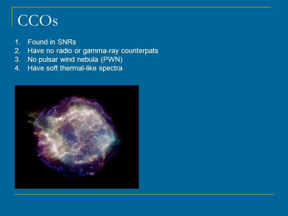 CCOs 1. Found in SNRs 2. Have no radio or gamma-ray counterpats 3.