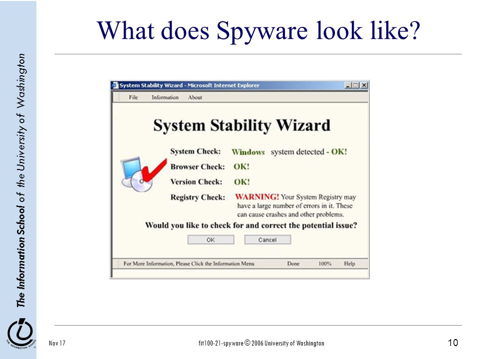 10 The Information School of the University of Washington Nov 17fit spyware © 2006 University of Washington What does Spyware look like