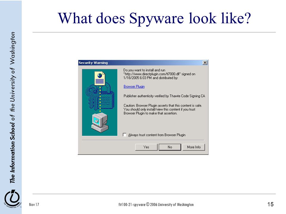 15 The Information School of the University of Washington Nov 17fit spyware © 2006 University of Washington What does Spyware look like