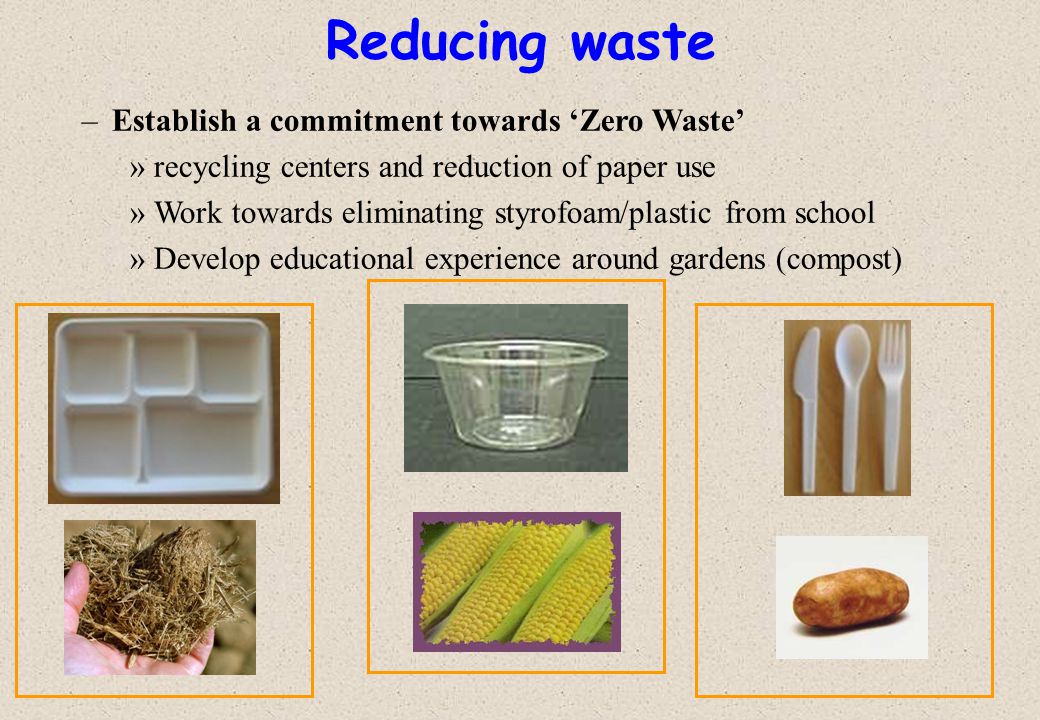 Reducing waste –Establish a commitment towards ‘Zero Waste’ »recycling centers and reduction of paper use »Work towards eliminating styrofoam/plastic from school »Develop educational experience around gardens (compost)