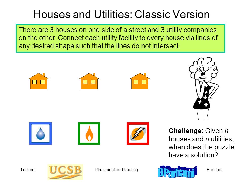 Lecture 2Placement and RoutingHandout Houses and Utilities: Warm-up Version  There are n houses on one side of a street and 2 utility companies on the  other. - ppt download