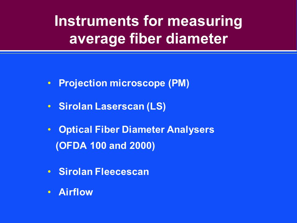 Instruments for measuring average fiber diameter Projection microscope (PM) Sirolan Laserscan (LS) Optical Fiber Diameter Analysers (OFDA 100 and 2000) Sirolan Fleecescan Airflow
