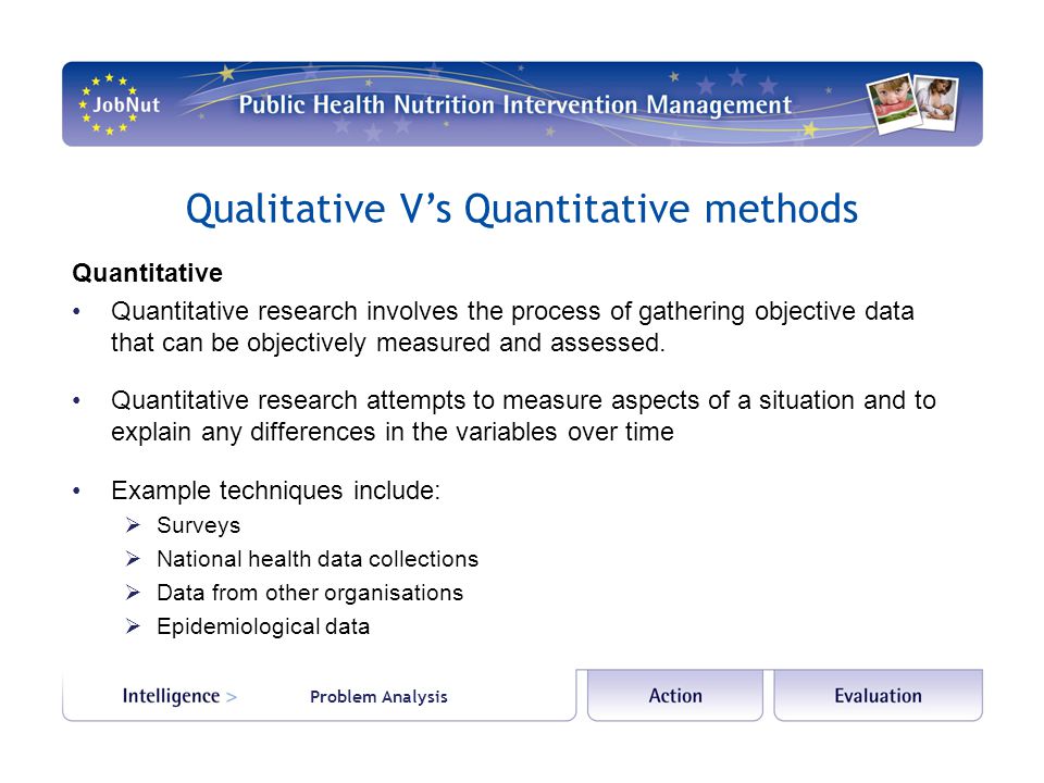 Qualitative V’s Quantitative methods Quantitative Quantitative research involves the process of gathering objective data that can be objectively measured and assessed.