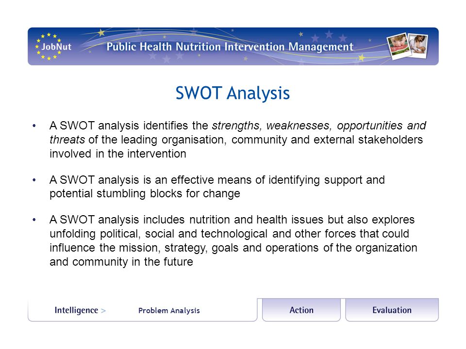 Problem Analysis SWOT Analysis A SWOT analysis identifies the strengths, weaknesses, opportunities and threats of the leading organisation, community and external stakeholders involved in the intervention A SWOT analysis is an effective means of identifying support and potential stumbling blocks for change A SWOT analysis includes nutrition and health issues but also explores unfolding political, social and technological and other forces that could influence the mission, strategy, goals and operations of the organization and community in the future