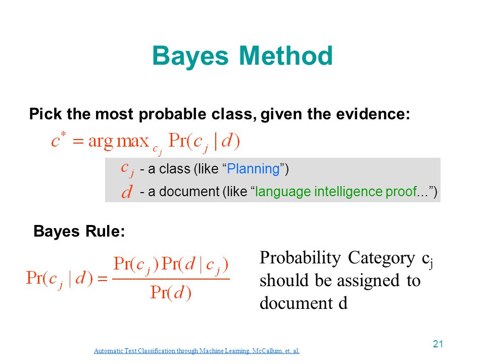 21 Bayes Method Pick the most probable class, given the evidence: - a class (like Planning ) - a document (like language intelligence proof... ) Bayes Rule: Probability Category c j should be assigned to document d Automatic Text Classification through Machine Learning, McCallum, et.