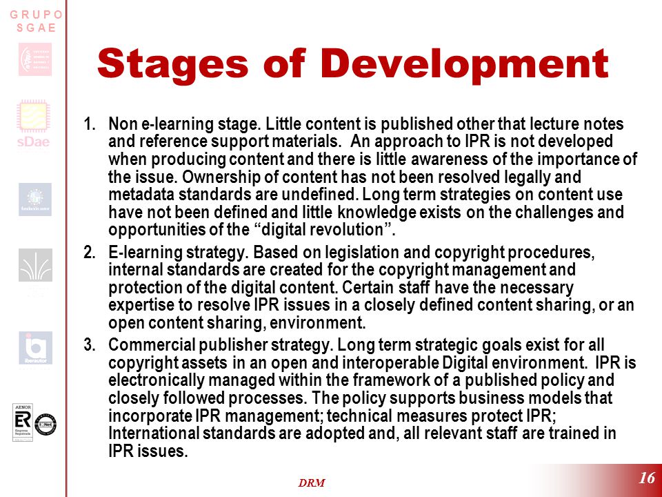 ER-0317/2/99 G R U P O S G A E DRM 16 Stages of Development 1.Non e-learning stage.