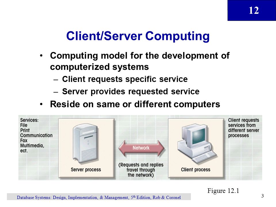 12 Database Systems: Design, Implementation, & Management, 5 th Edition, Rob & Coronel 3 Client/Server Computing Computing model for the development of computerized systems –Client requests specific service –Server provides requested service Reside on same or different computers Figure 12.1