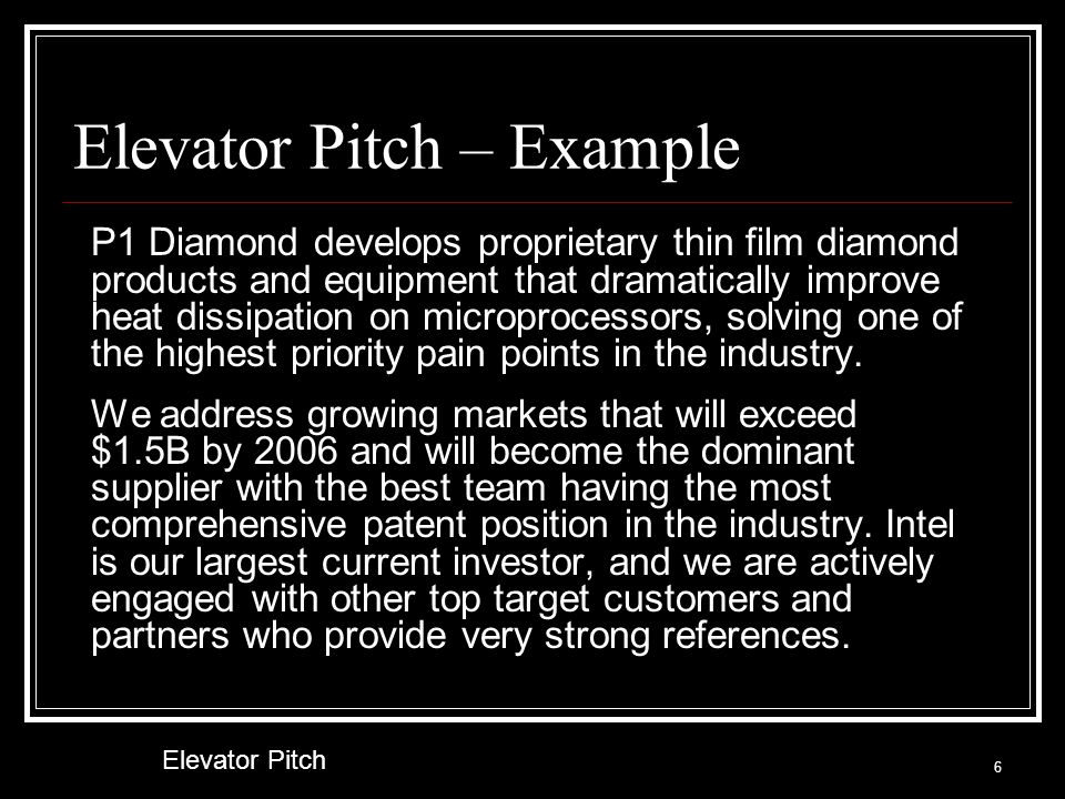 Elevator pitch examples