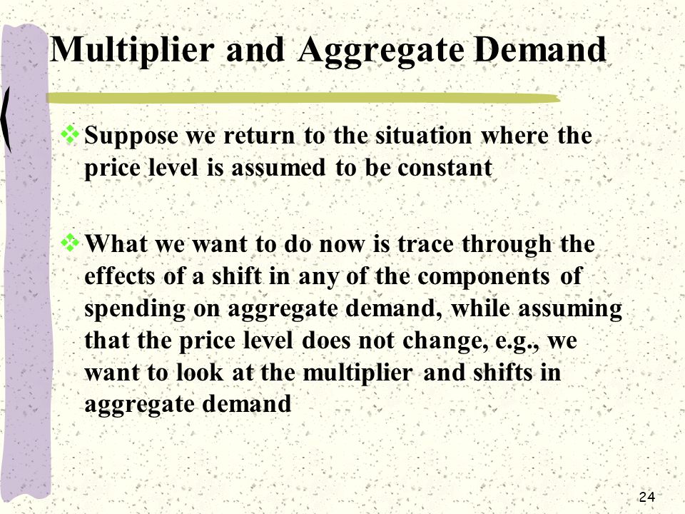 24 Multiplier and Aggregate Demand  Suppose we return to the situation where the price level is assumed to be constant  What we want to do now is trace through the effects of a shift in any of the components of spending on aggregate demand, while assuming that the price level does not change, e.g., we want to look at the multiplier and shifts in aggregate demand