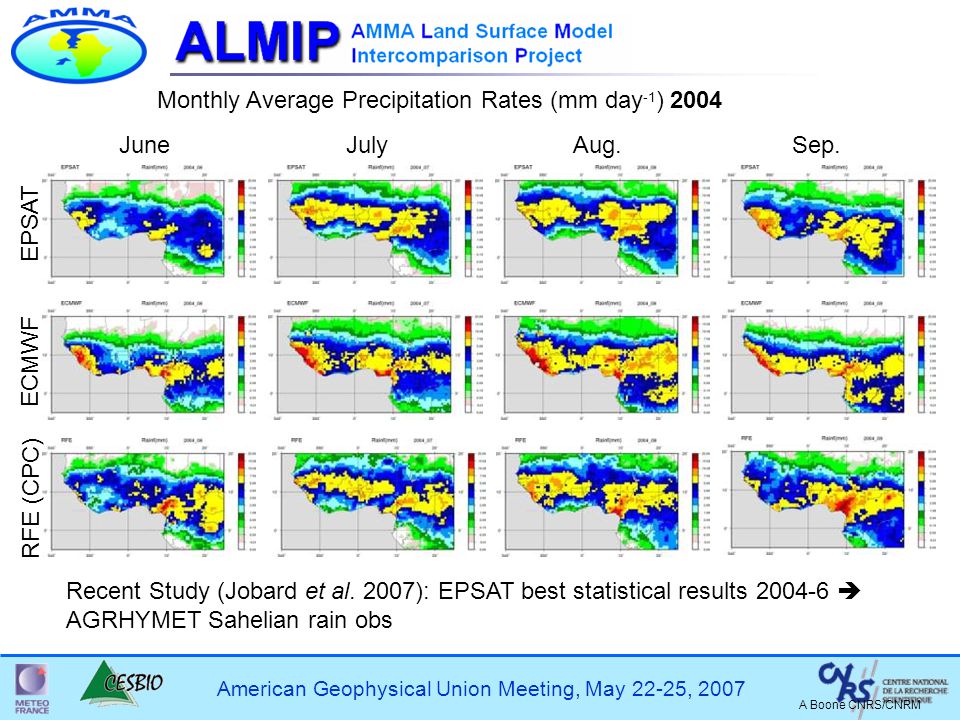 American Geophysical Union Meeting, May 22-25, 2007 Monthly Average Precipitation Rates (mm day -1 ) 2004 A Boone CNRS/CNRM Recent Study (Jobard et al.
