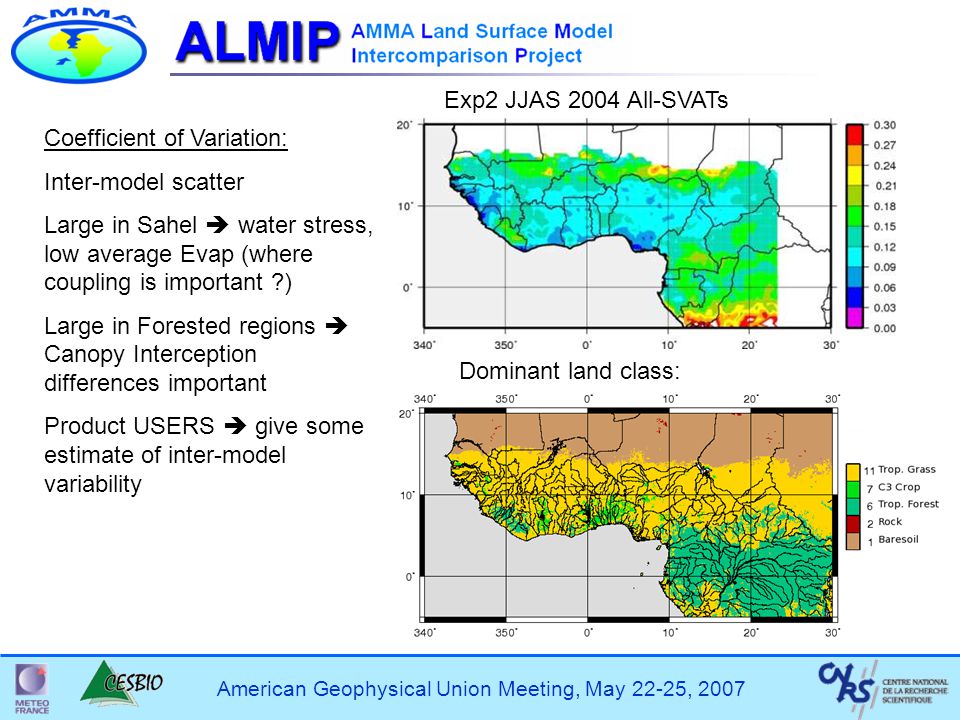 American Geophysical Union Meeting, May 22-25, 2007 Exp2 JJAS 2004 All-SVATs Dominant land class: Coefficient of Variation: Inter-model scatter Large in Sahel  water stress, low average Evap (where coupling is important ) Large in Forested regions  Canopy Interception differences important Product USERS  give some estimate of inter-model variability