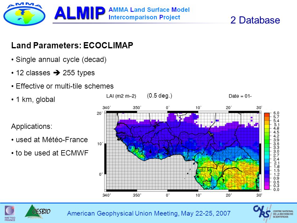 American Geophysical Union Meeting, May 22-25, Database Land Parameters: ECOCLIMAP Single annual cycle (decad) 12 classes  255 types Effective or multi-tile schemes 1 km, global Applications: used at Météo-France to be used at ECMWF (0.5 deg.)