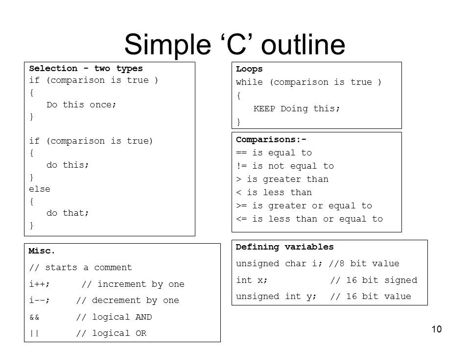 10 Simple ‘C’ outline Selection - two types if (comparison is true ) { Do this once; } if (comparison is true) { do this; } else { do that; } Loops while (comparison is true ) { KEEP Doing this; } Comparisons:- == is equal to != is not equal to > is greater than < is less than >= is greater or equal to <= is less than or equal to Defining variables unsigned char i; //8 bit value int x;// 16 bit signed unsigned int y;// 16 bit value Misc.