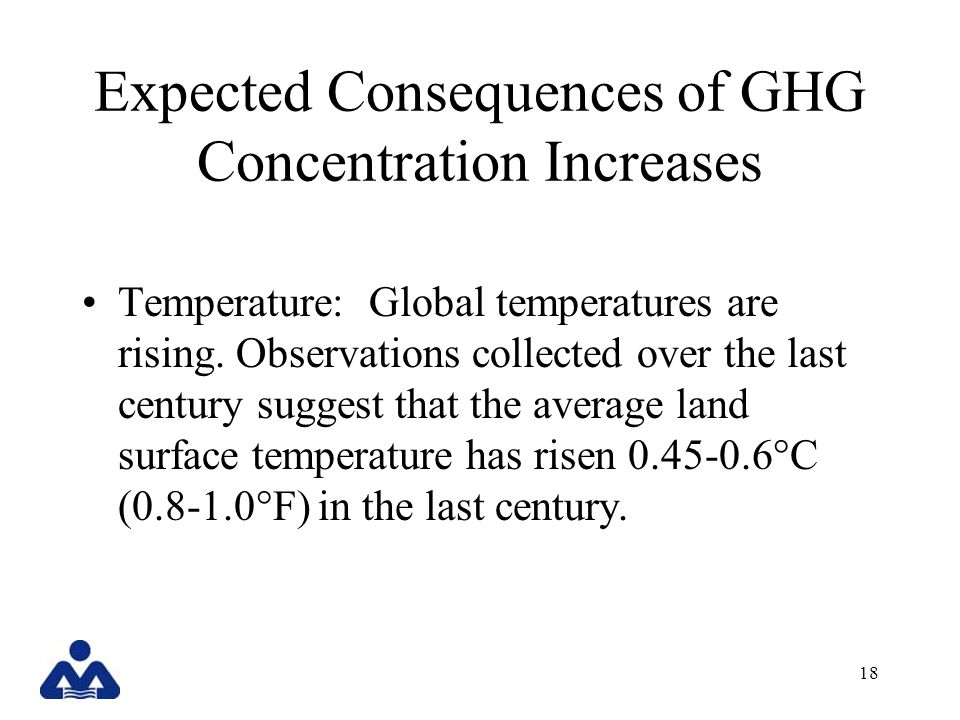 18 Expected Consequences of GHG Concentration Increases Temperature: Global temperatures are rising.