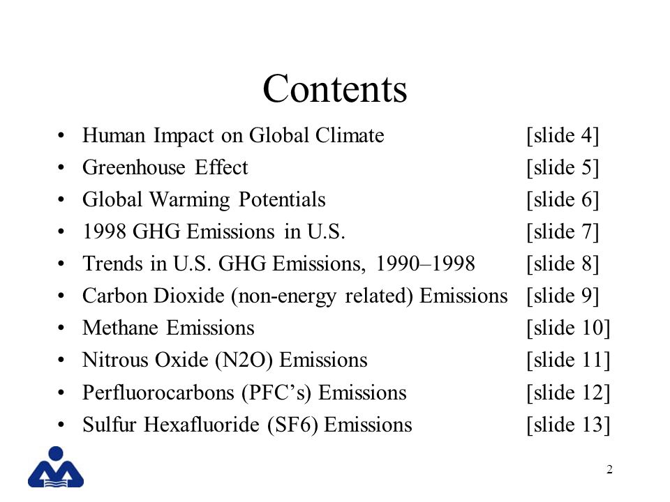 2 Contents Human Impact on Global Climate [slide 4] Greenhouse Effect [slide 5] Global Warming Potentials [slide 6] 1998 GHG Emissions in U.S.