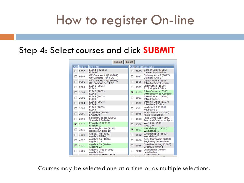 How to register On-line Step 4: Select courses and click SUBMIT Courses may be selected one at a time or as multiple selections.