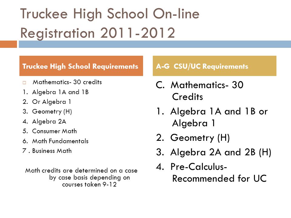 Truckee High School On-line Registration  Mathematics- 30 credits 1.