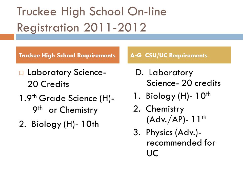 Truckee High School On-line Registration  Laboratory Science- 20 Credits 1.9 th Grade Science (H)- 9 th or Chemistry 2.