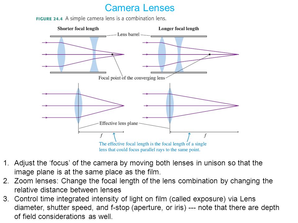 Camera Lenses 1.Adjust the ‘focus’ of the camera by moving both lenses in unison so that the image plane is at the same place as the film.