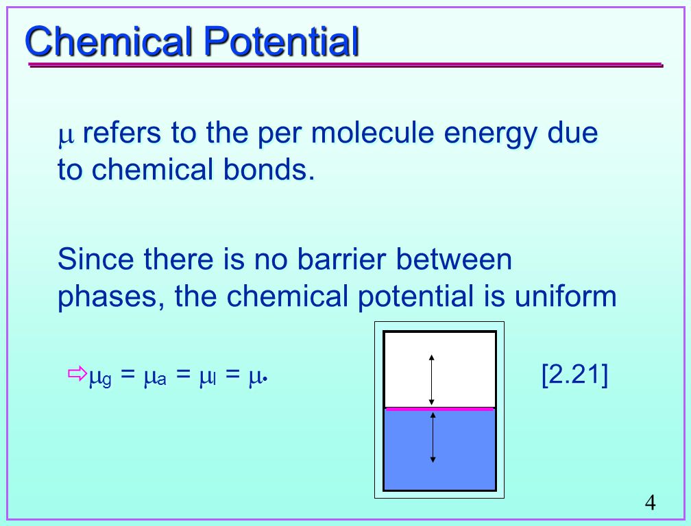 4 Chemical Potential  refers to the per molecule energy due to chemical bonds.