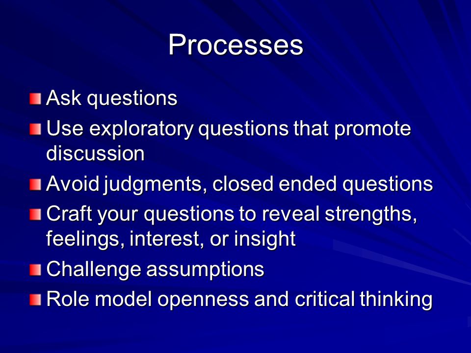 Processes Ask questions Use exploratory questions that promote discussion Avoid judgments, closed ended questions Craft your questions to reveal strengths, feelings, interest, or insight Challenge assumptions Role model openness and critical thinking