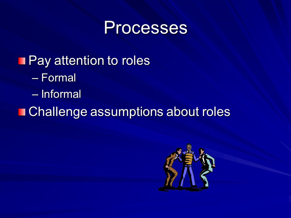 Processes Pay attention to roles –Formal –Informal Challenge assumptions about roles