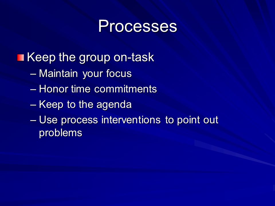 Processes Keep the group on-task –Maintain your focus –Honor time commitments –Keep to the agenda –Use process interventions to point out problems