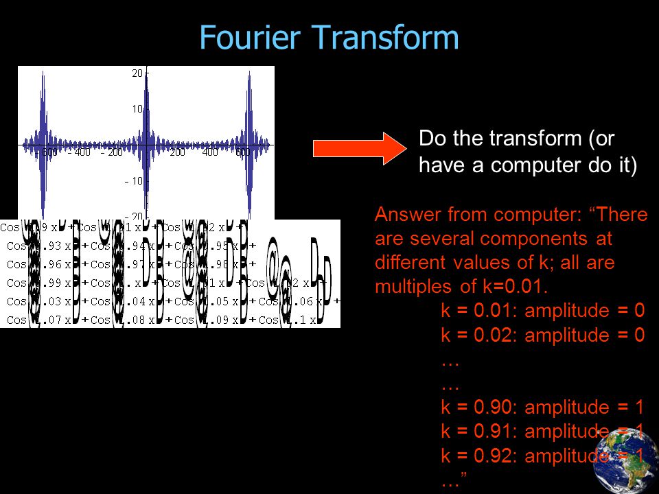 Fourier Transform Do the transform (or have a computer do it) Answer from computer: There are several components at different values of k; all are multiples of k=0.01.
